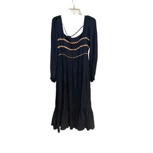 La Lavon Navy Blue Square Neck Ric Rac Trim Tiered Maxi‎ Dress Size L